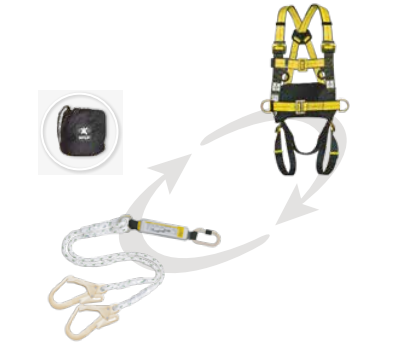 HARNESS WITH 3 ANCHORAGE POINTS, 1 Y LANYARD, 1 STEEL SCREW-LOCKING CARABINER + 2 SCAFFOLDING CARABINERS + BAG